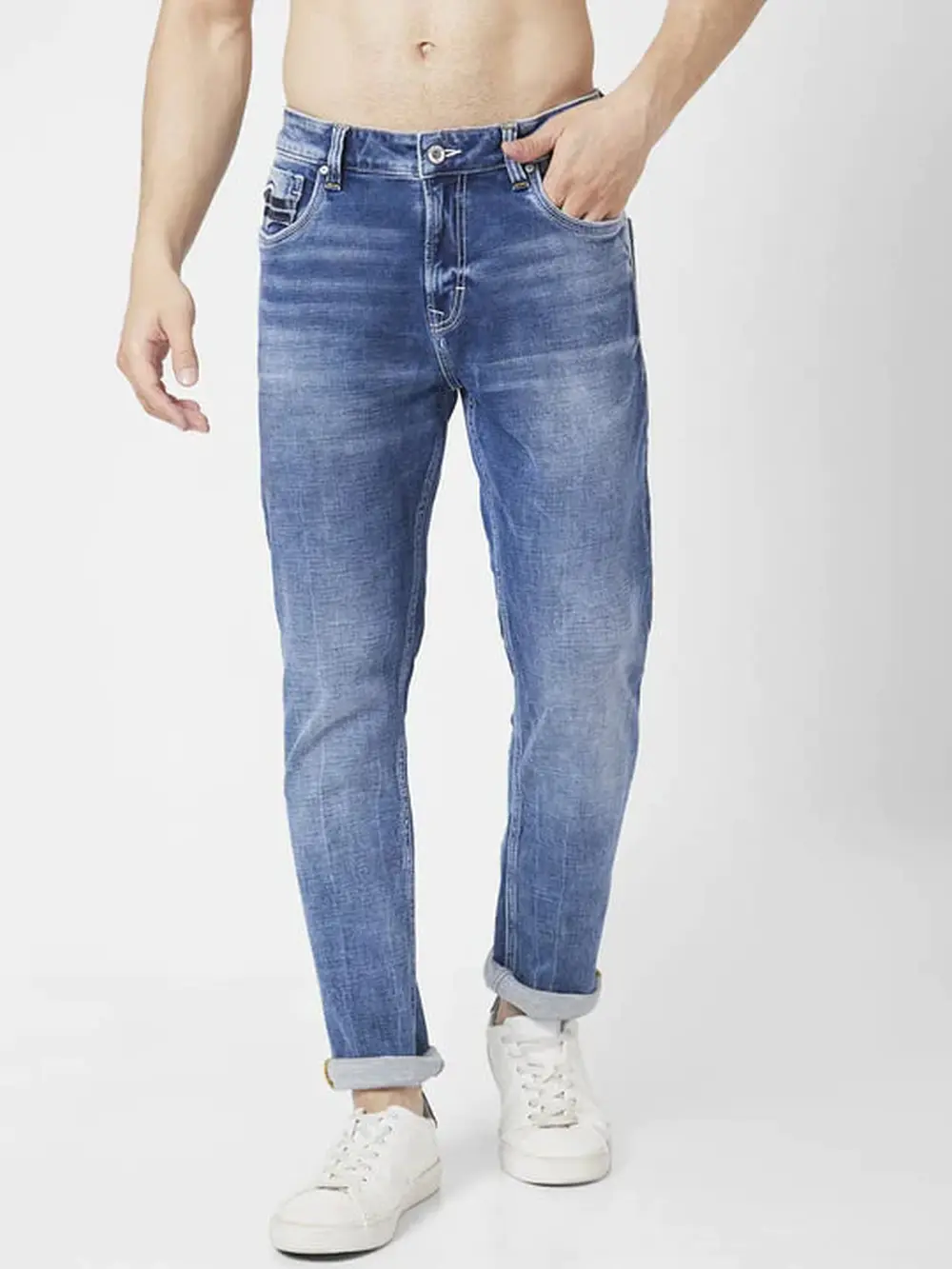 Spykar Men Mid Blue Cotton Regular Fit Narrow Length Clean Look Mid Rise Jeans (Rover)