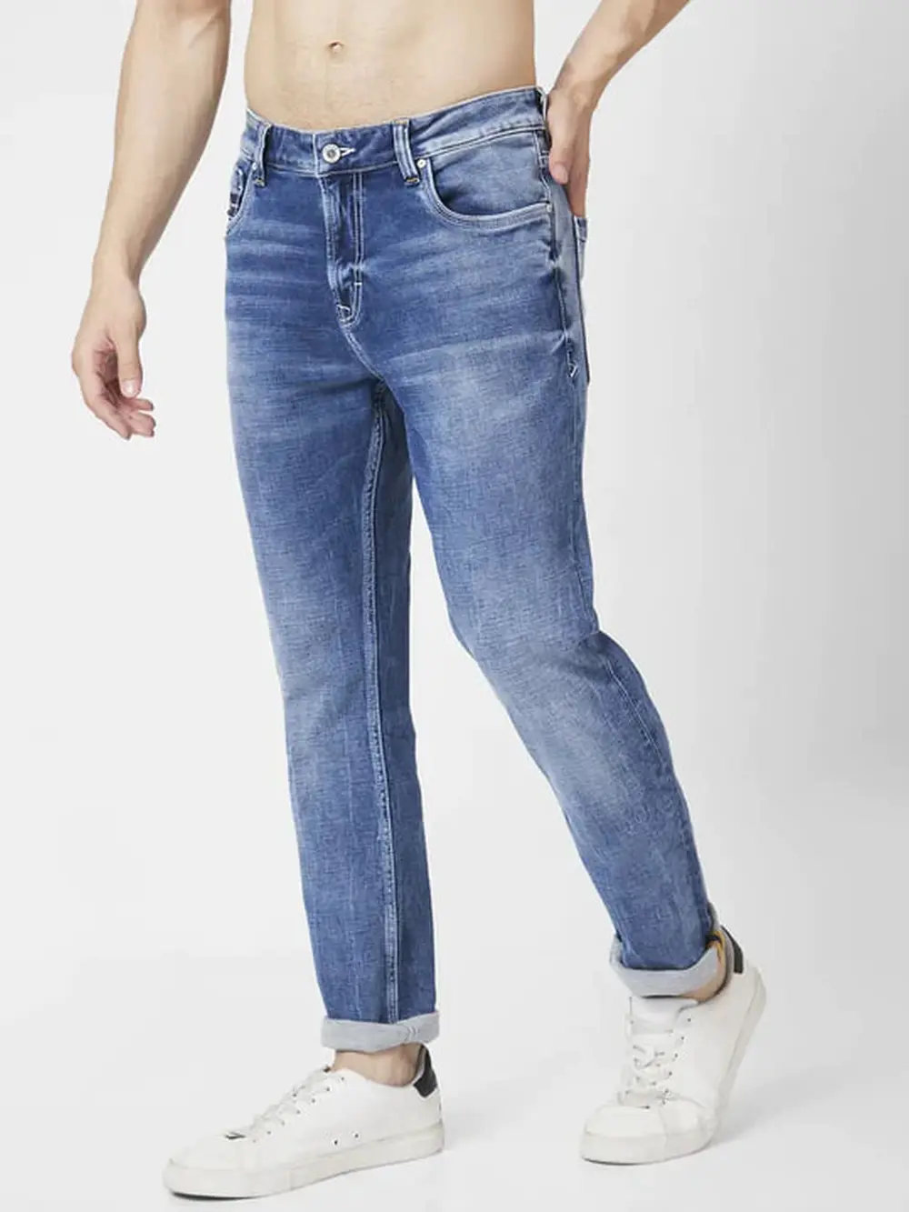 Spykar Men Mid Blue Cotton Regular Fit Narrow Length Clean Look Mid Rise Jeans (Rover)