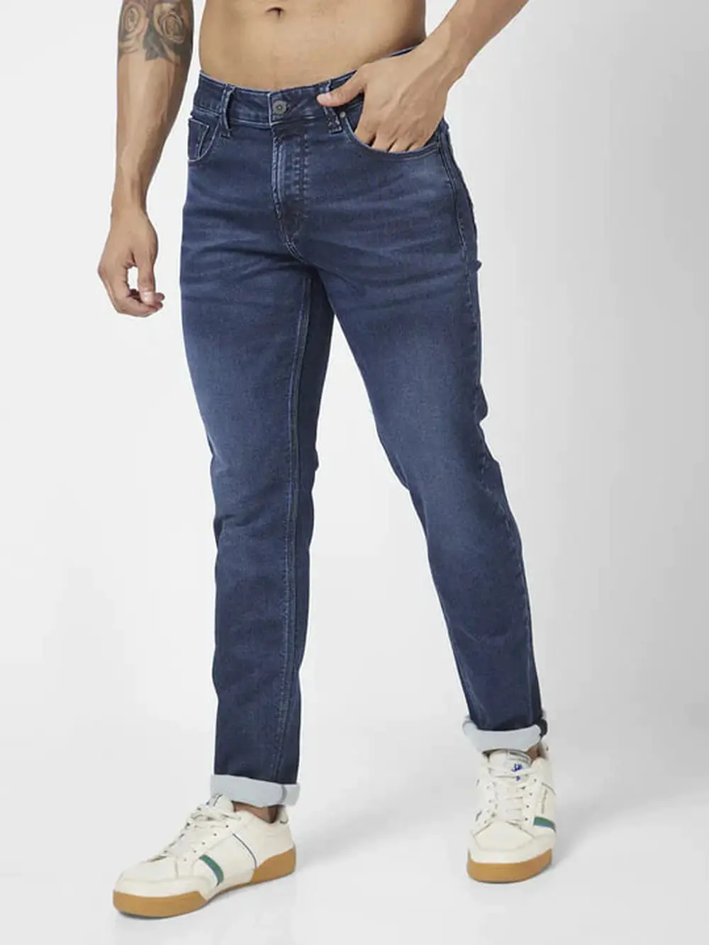 Spykar Men Dark Blue Cotton Stretch Slim Fit Narrow Length Clean Look Low Rise Jeans (Skinny)