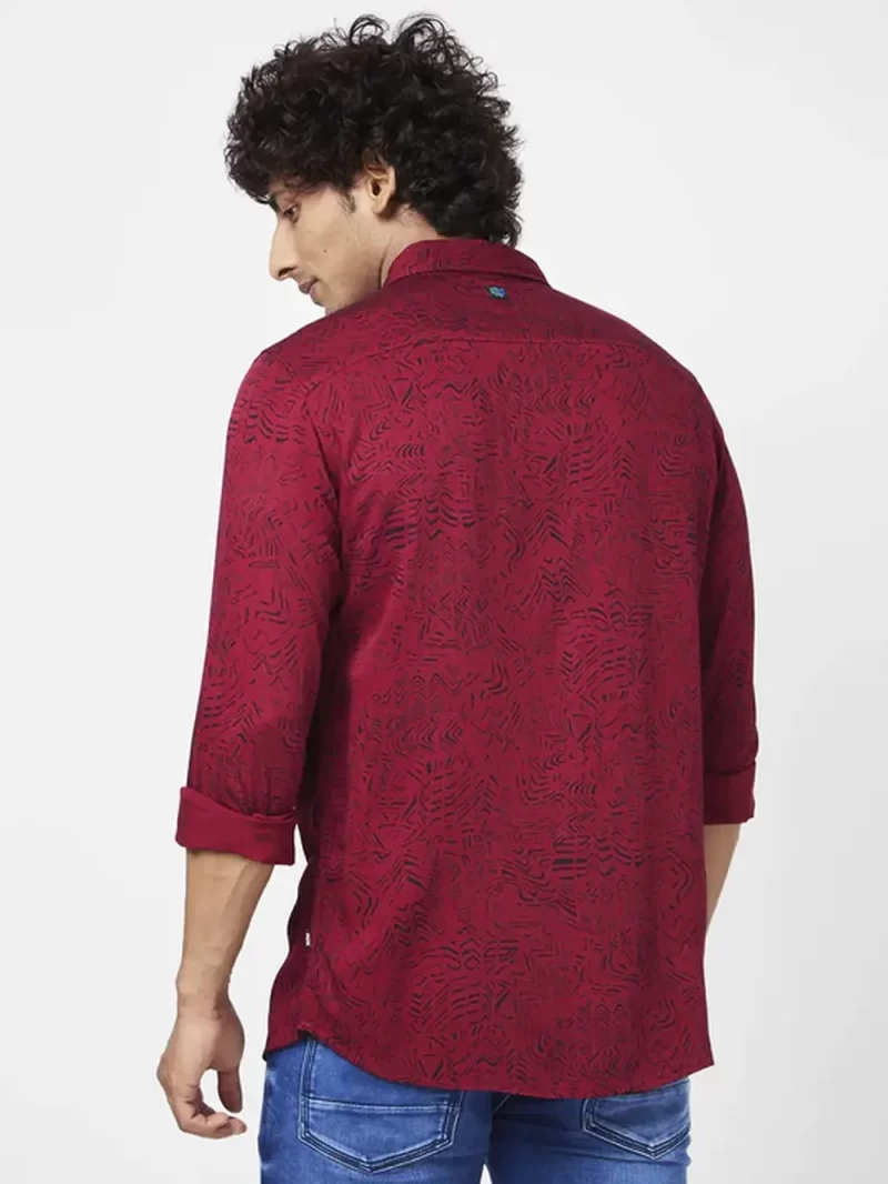 Spykar Men Deep Red Viscose Regular Slim Fit Full Sleeve Causal Printed Shirt