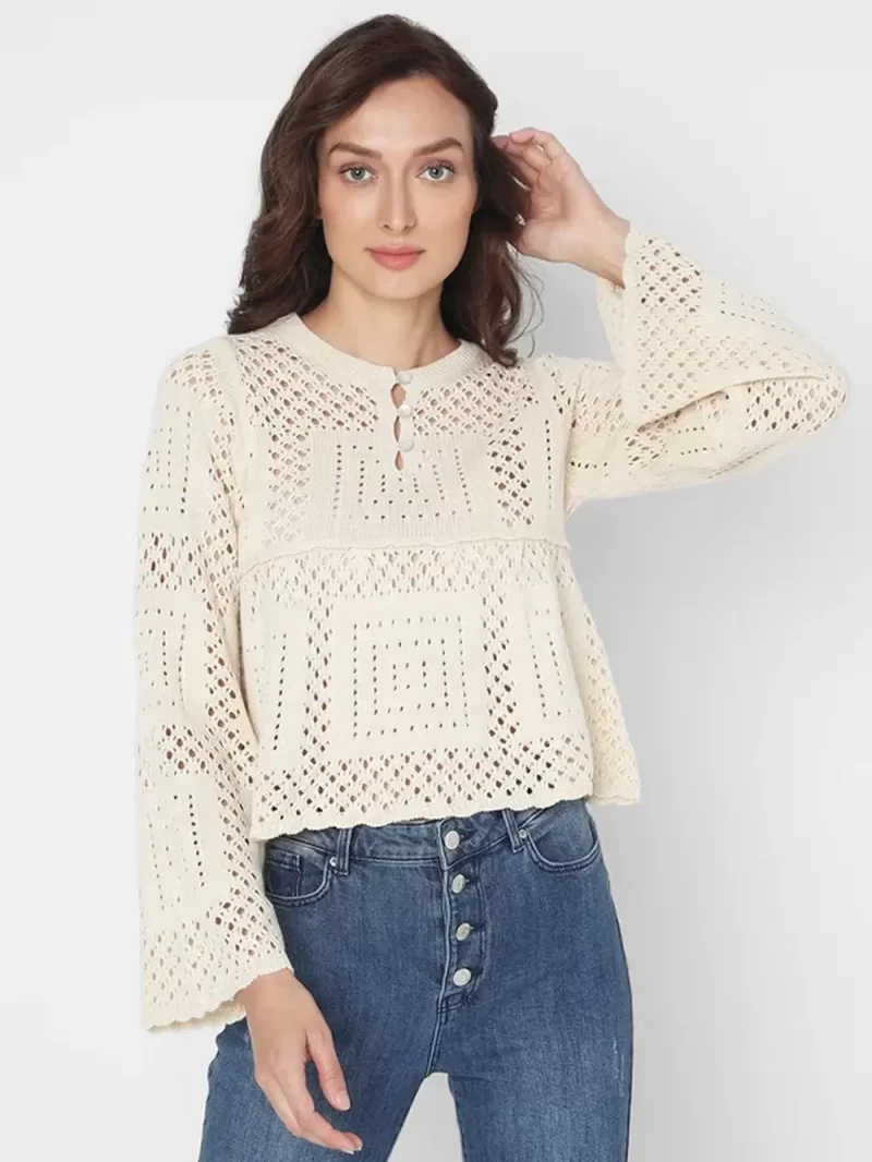 Beige Crochet Peplum Pullover