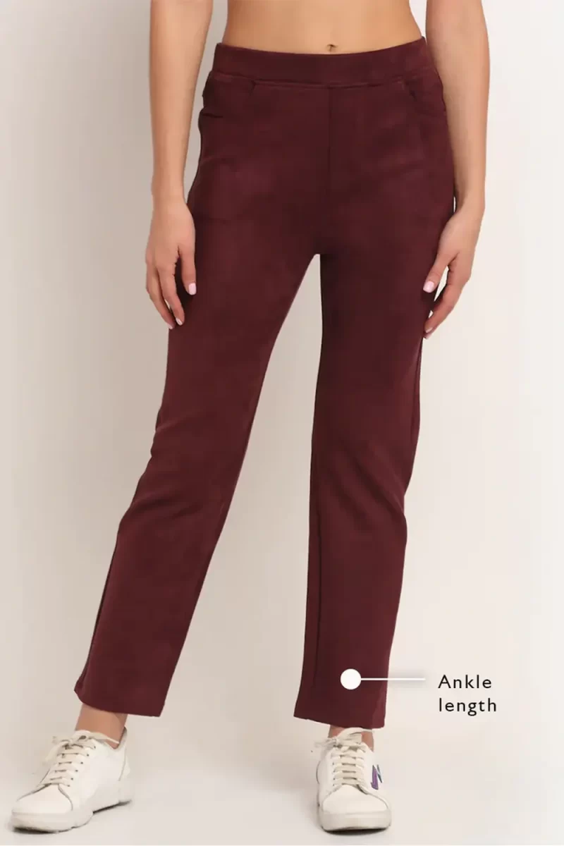 Women Ankle-Length Solid Maroon Suede Jegging