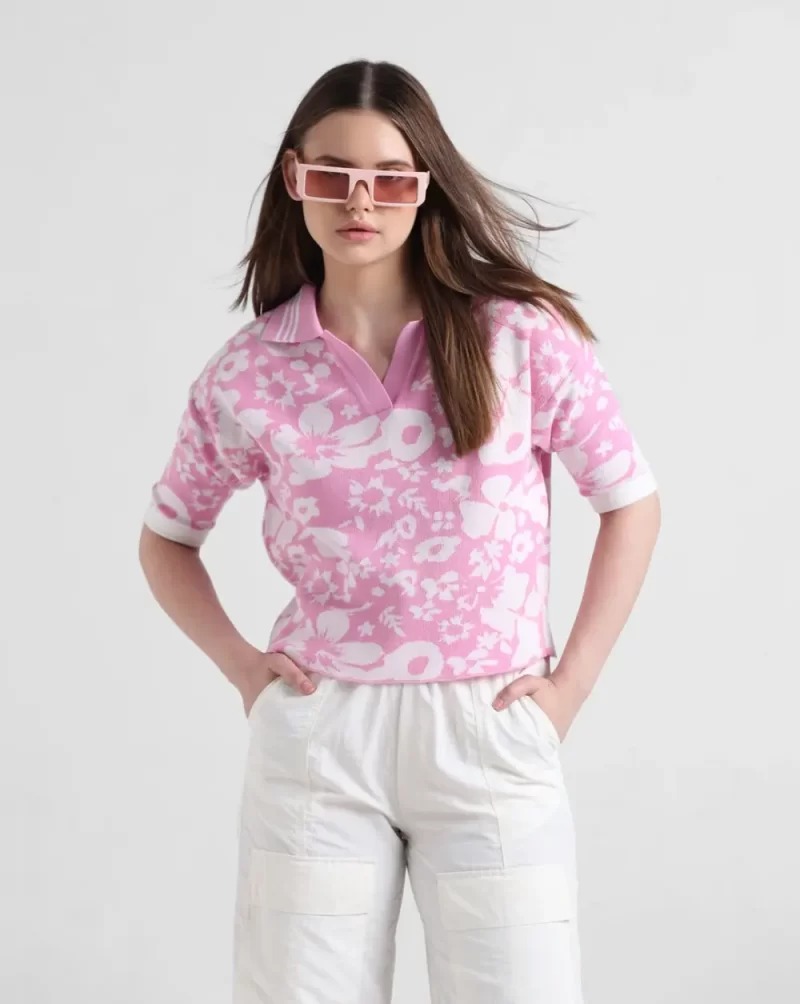 Pink Floral Knit Polo T-Shirt