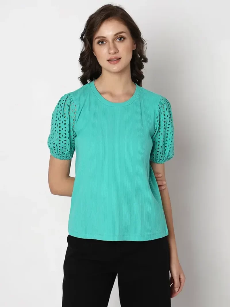 Green Schiffli Puff Sleeves Top