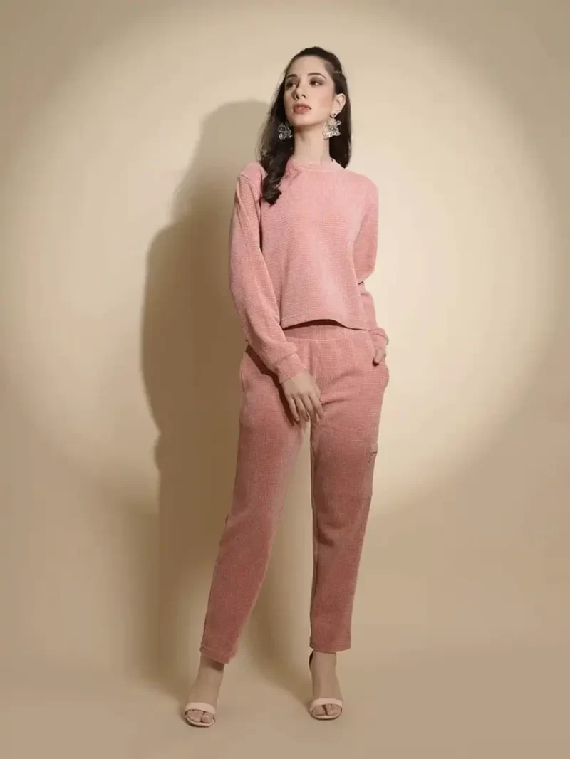 Dusty Pink Solid Full Sleeve Round Neck Hosiery Co-Ord Sets