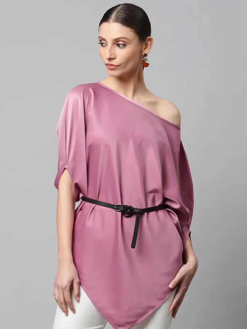 Women Pink Satin Asymmetric Hem Off-Shoulder Top