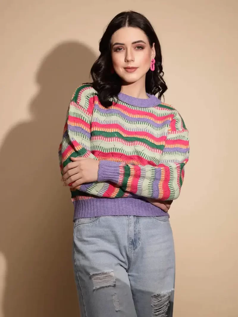 Multicolor Striped Full Sleeve Round Neck Knitted Pullover