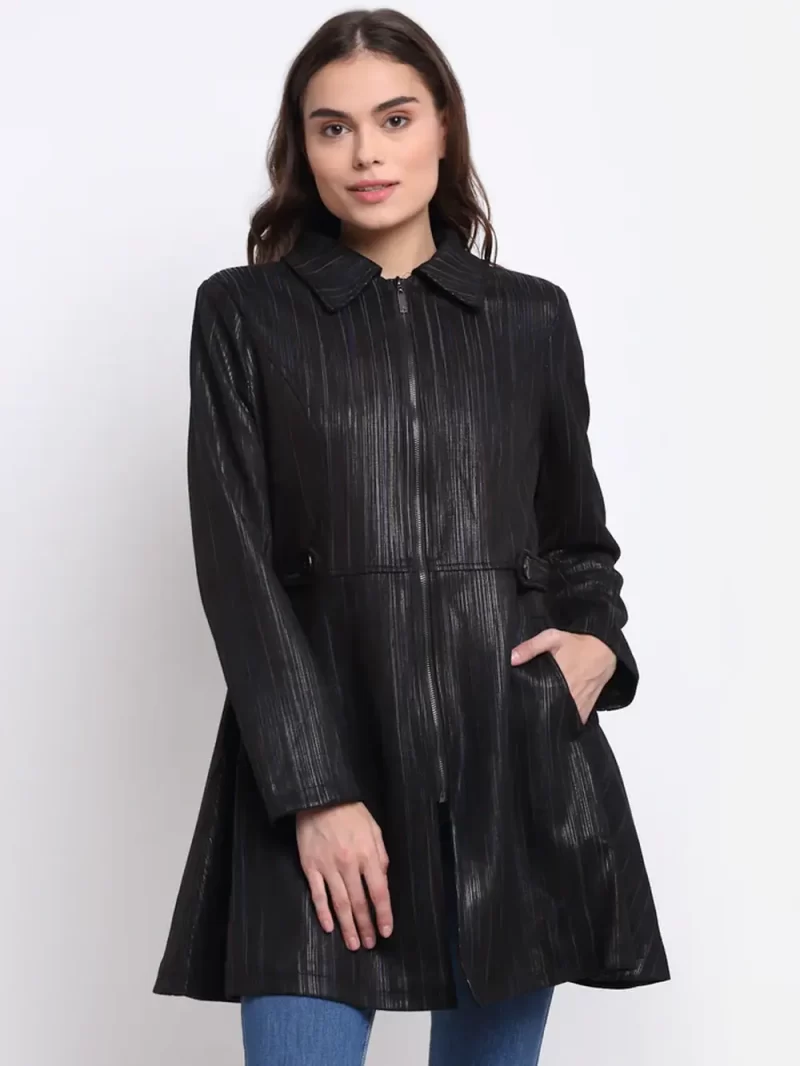 Women Black Collared Straight Fit Long Coat