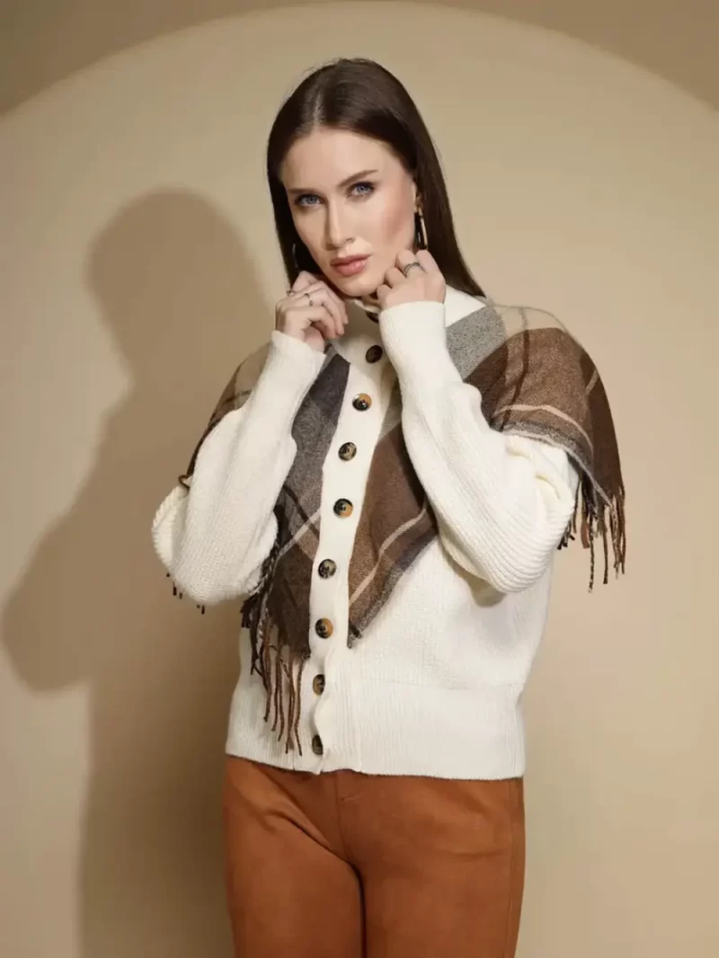 Beige Check Full Sleeve High Neck Knitted Pullover Sweater