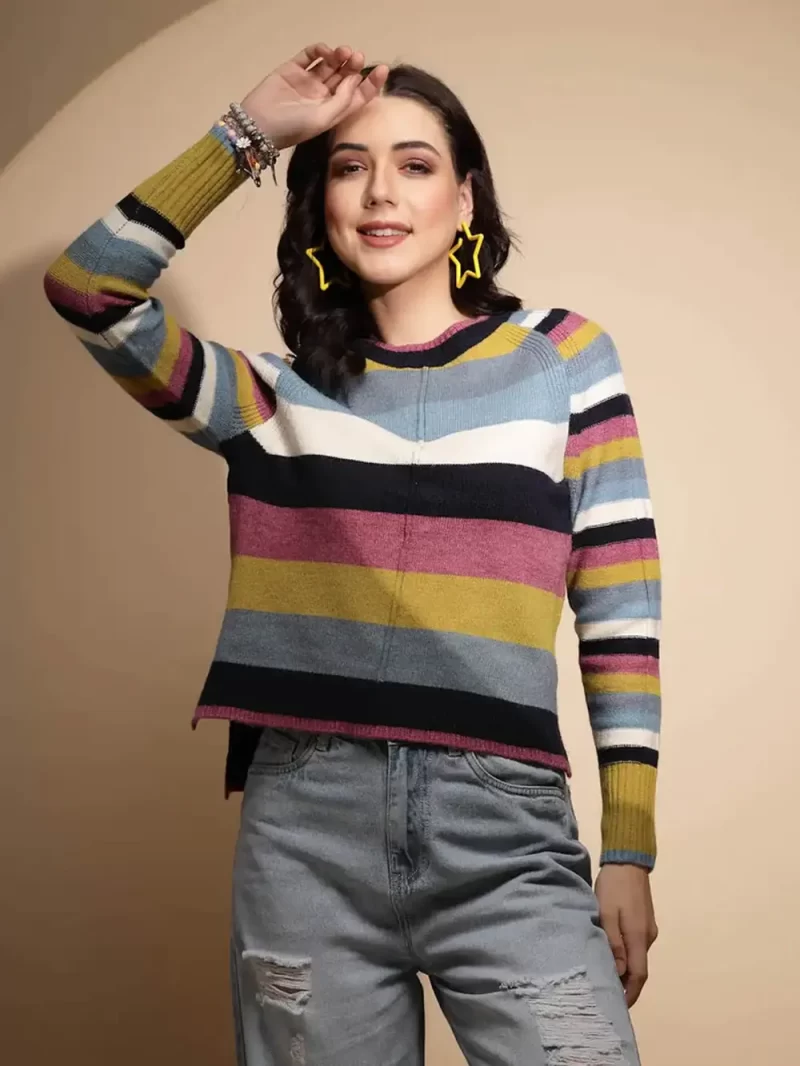 Multicolor Striped Full Sleeve Round Neck Knitted Pullover