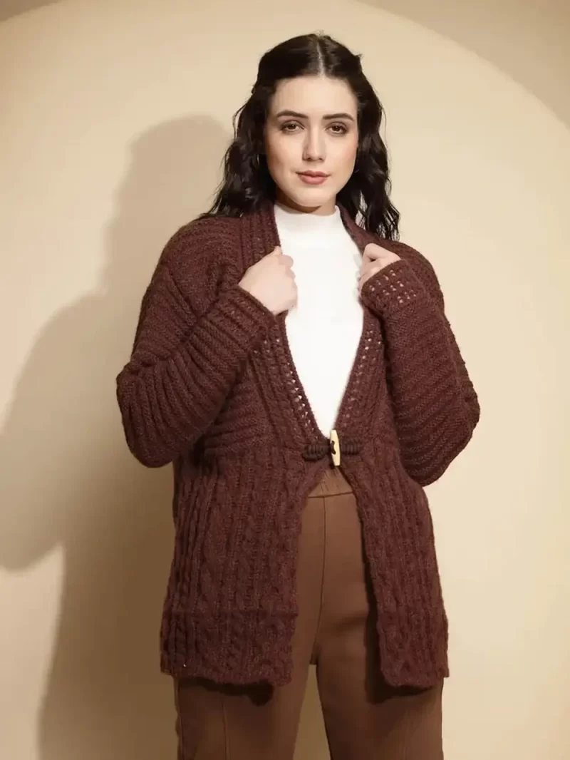 Solid Brown Full Sleeve Open Neck Knitted Cardigan