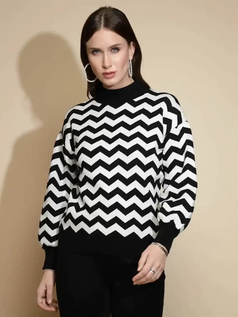 Black Geometric Print Full Sleeve Turtle Neck Acrylic Pullover Sweater