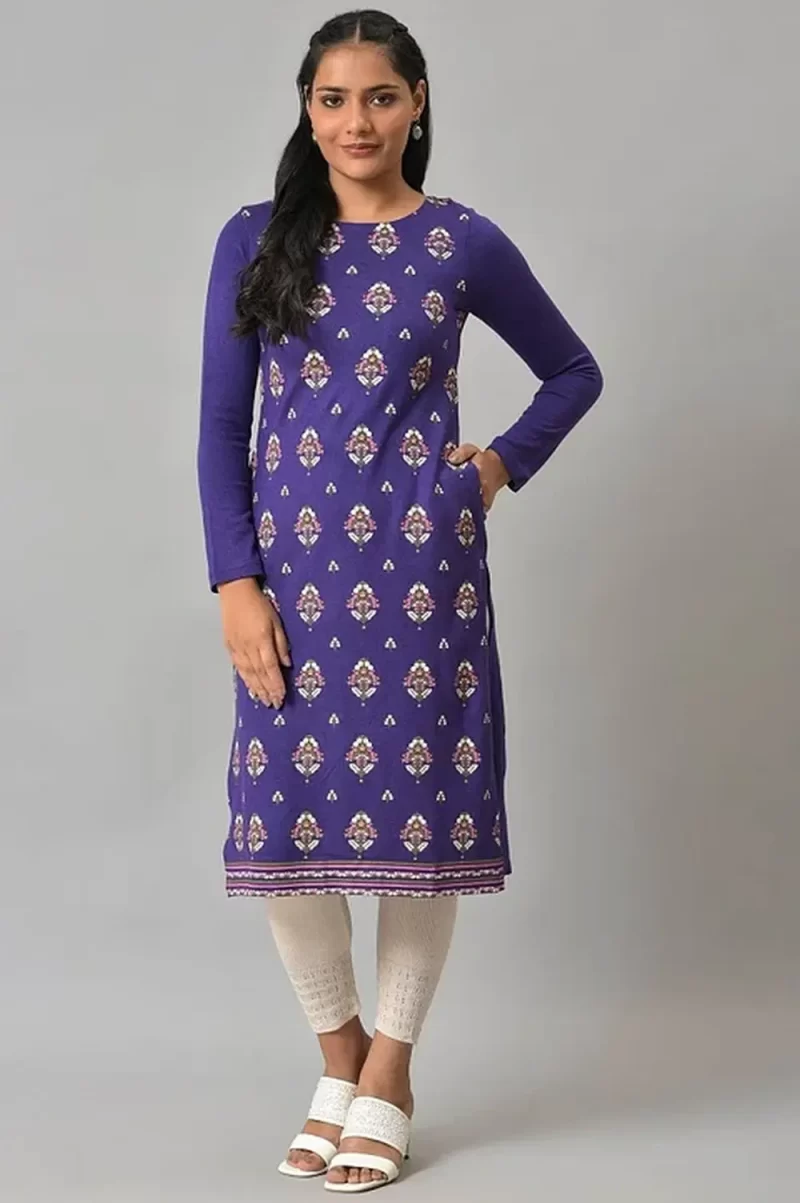 Purple Floral Printed Knitted Winter Kurta