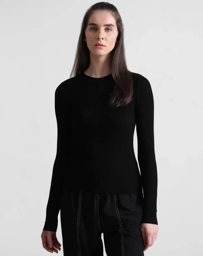 Black Rib Knit Fitted Pullover