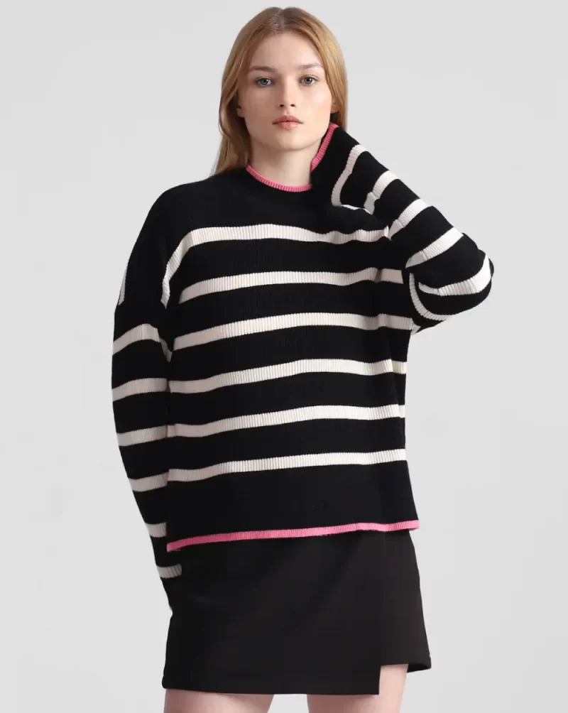 Black Striped High Neck Pullover