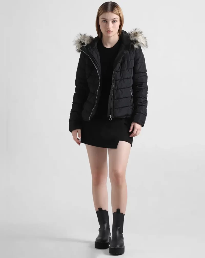 Black Quilted Faux Fur Hood Jacket