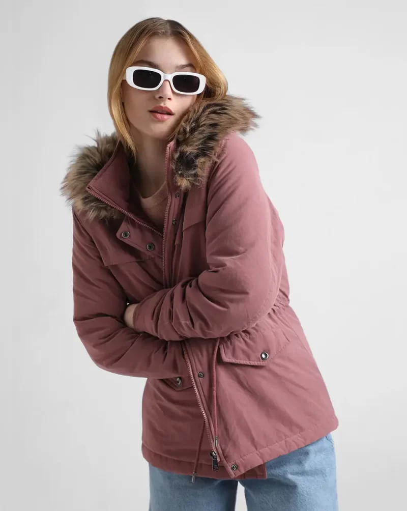 Warm Pink Faux Fur Hood Parka Coat