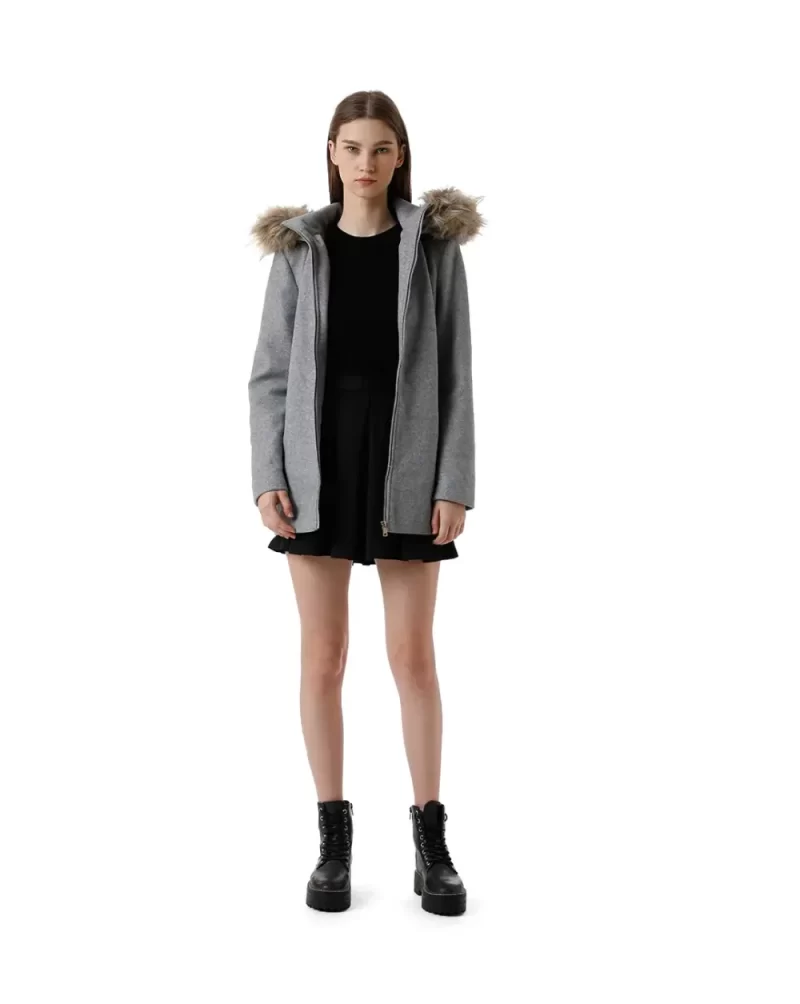 Grey Faux Fur Hood Coat