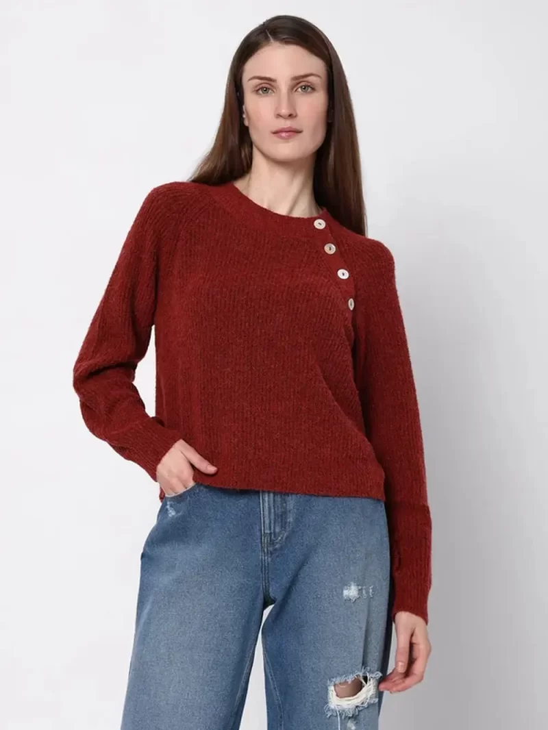 Maroon O-Neck Button Detail Pullover