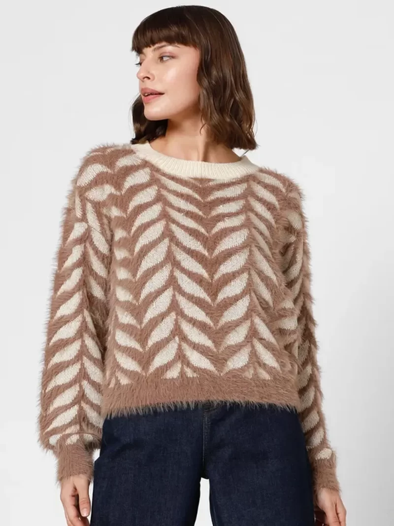 Brown Jacquard Fuzzy Pullover