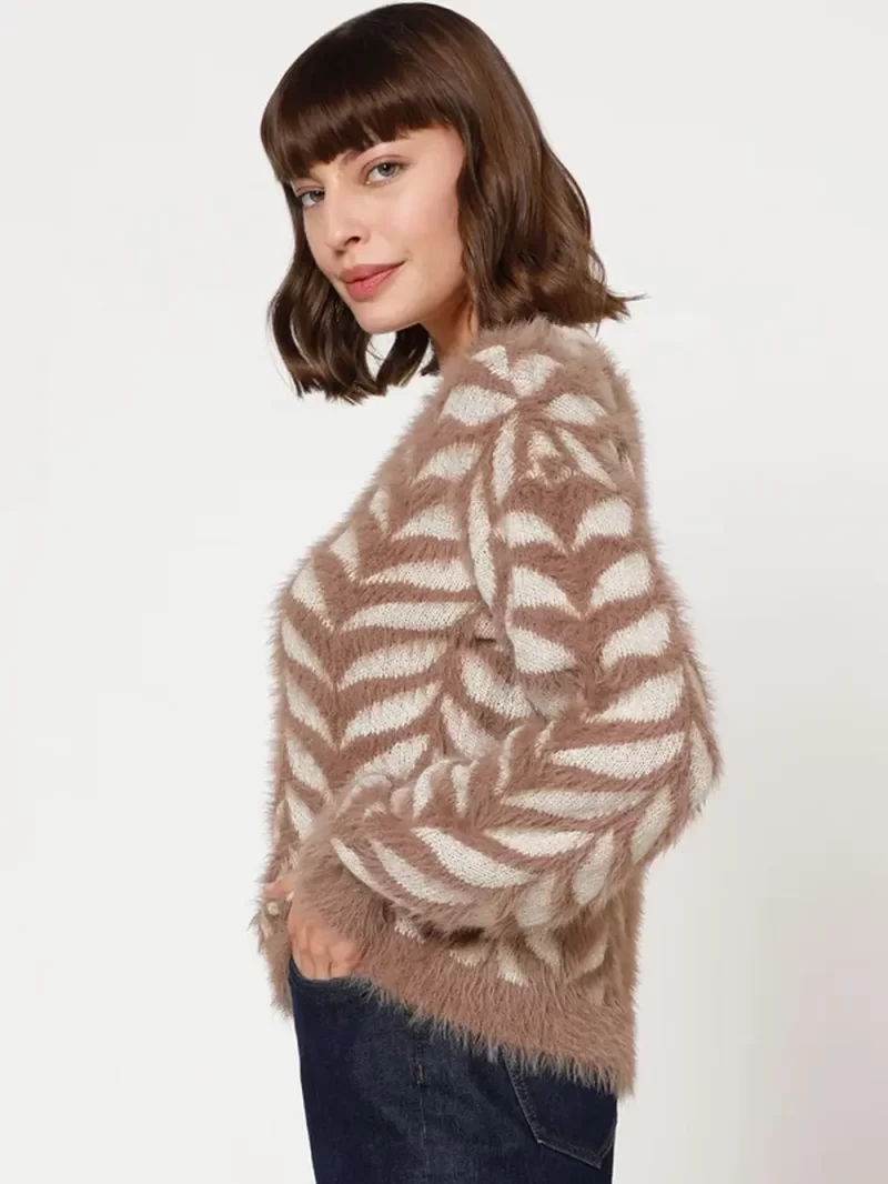 Brown Jacquard Fuzzy Pullover