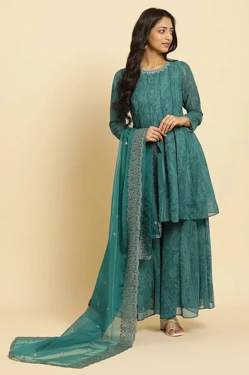 Green Print-On-Printed Embellished Flared Kurta, Sharara And Dupatta Set