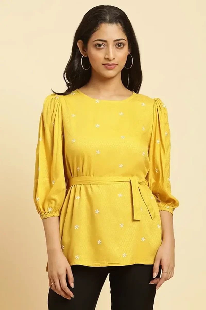 Yellow Minimal Embroidered Western Top With Belt