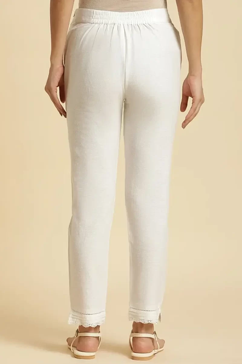 Off-White Cotton Flax Slim Pants With Lace At Hem
