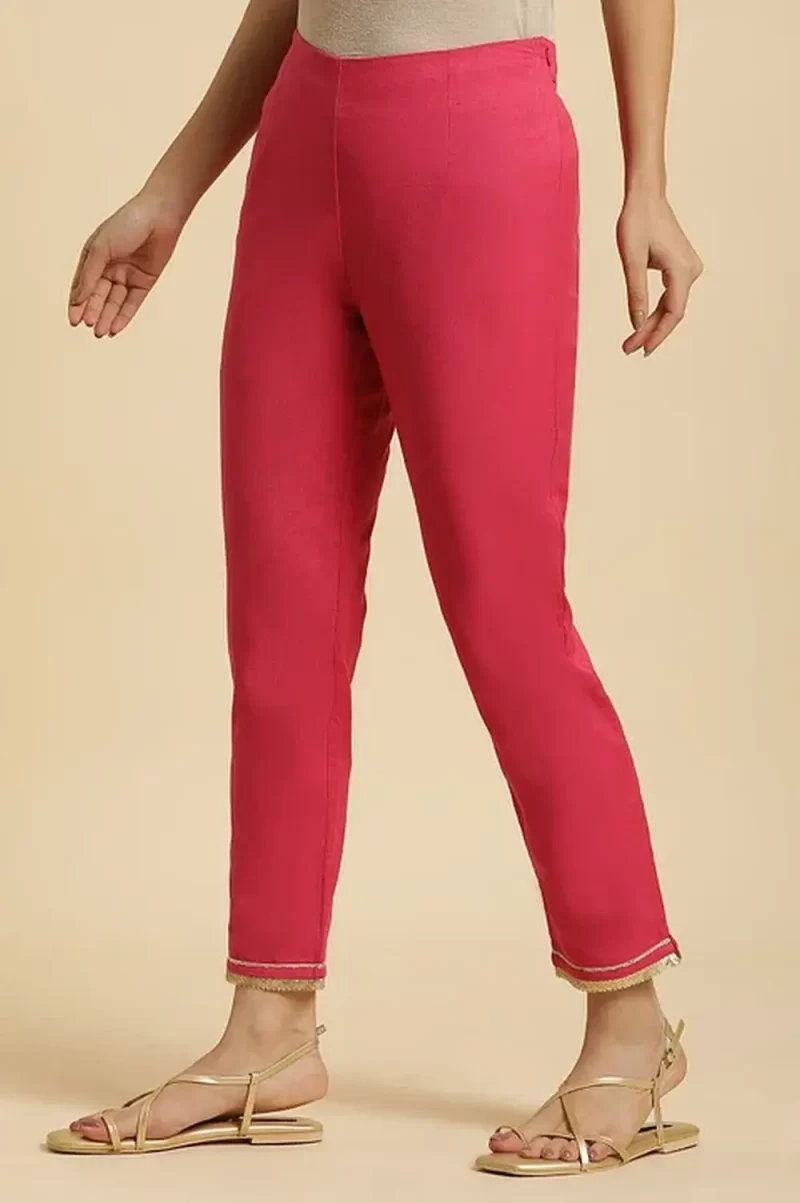 Pink Solid Pants With Gota Trim At Hem