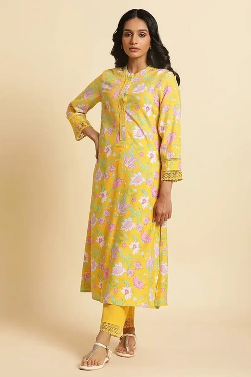 Bright Yellow Floral Printed Kurta & Pants Set