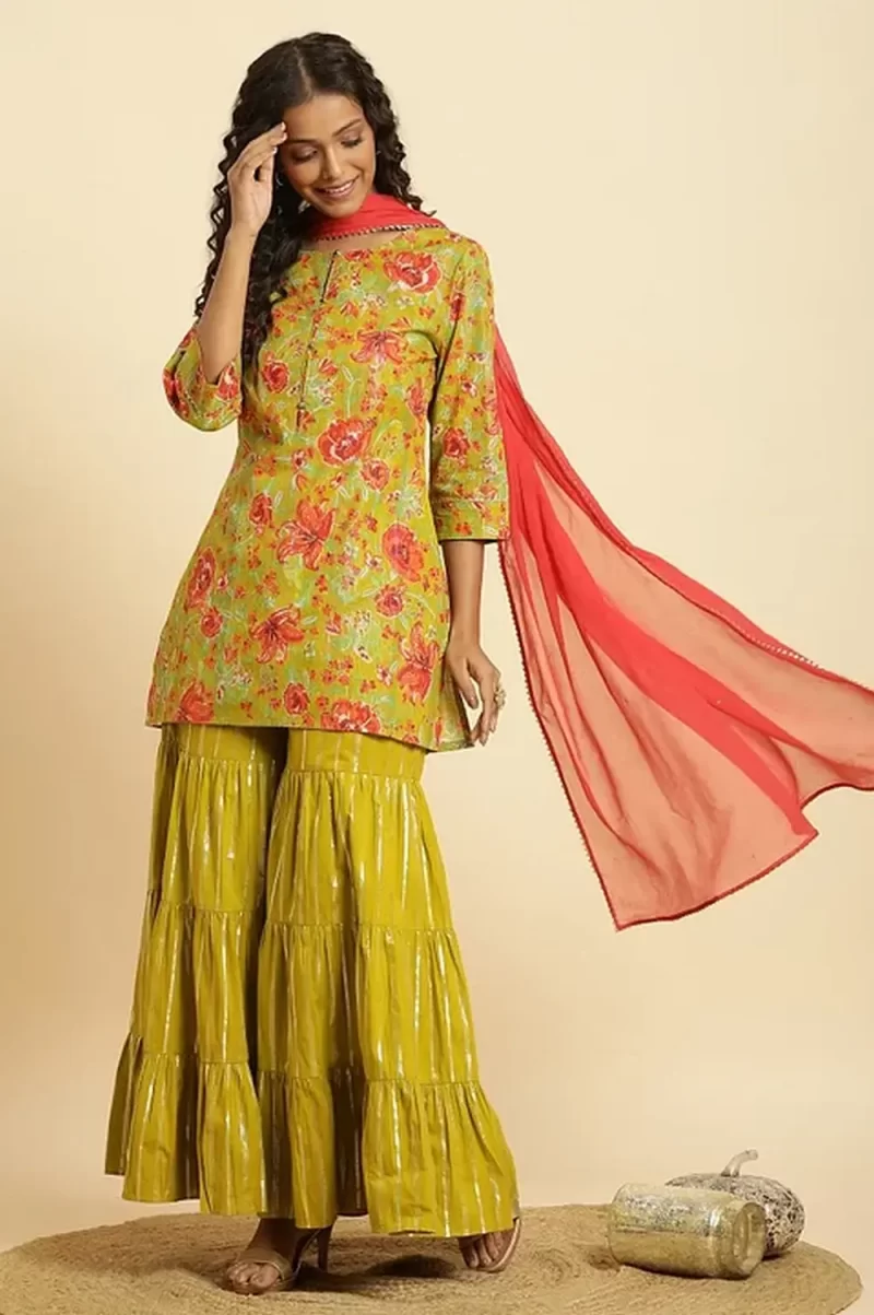 Green Floral Printed Short Kurta, Sharara And Dupatta Set