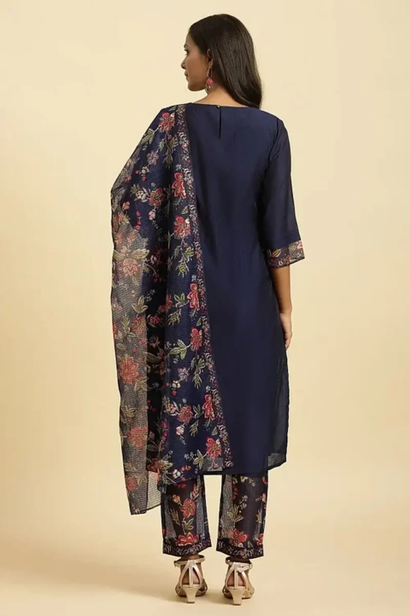 Royal Blue Embroidered Kurta, Pants And Dupatta Set