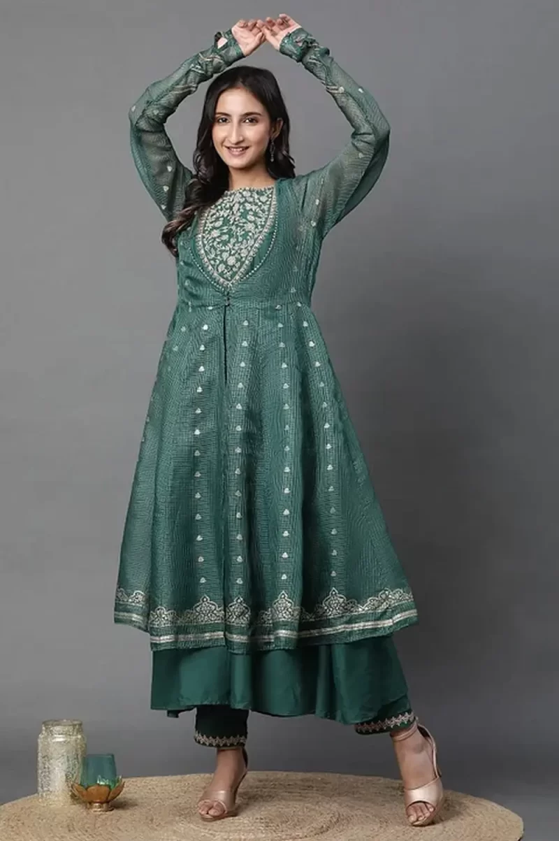 Green Layered Anakali Kurta And Slim Pant Set