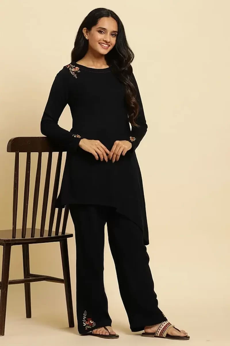 Navy Embroidered Asymmetrical Winter Kurta And Parallel Pants Set