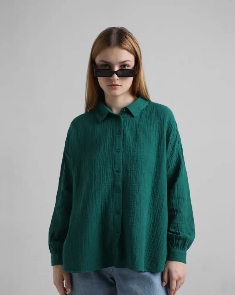 Green Crinkled Oversized Shirt