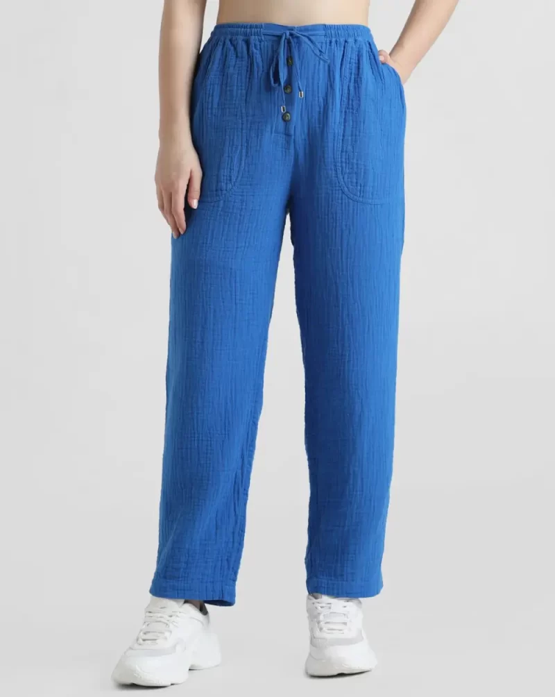 Blue High Rise Crinkled Cotton Pants