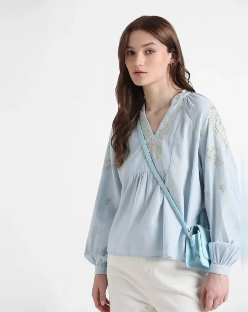 Blue Embroidered Woven Top
