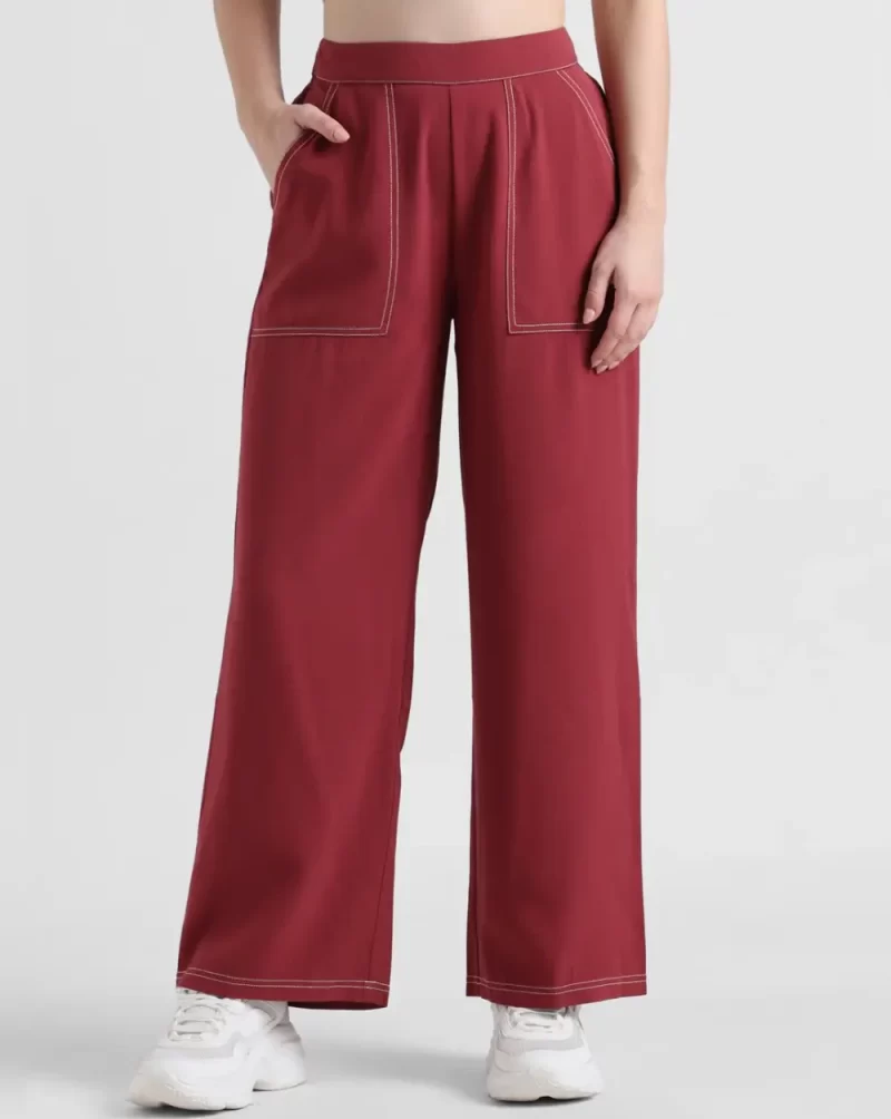 Maroon High Rise Contrast Stitch Pants