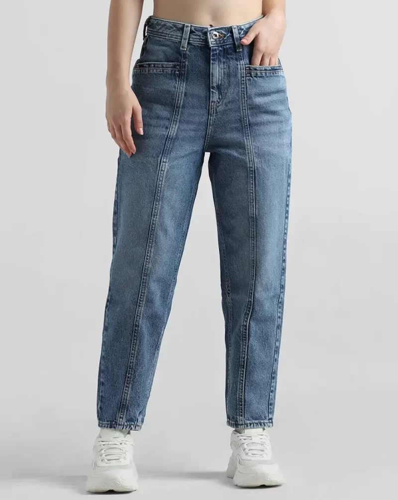 Blue High Rise Pintuck Baggy Fit Jeans