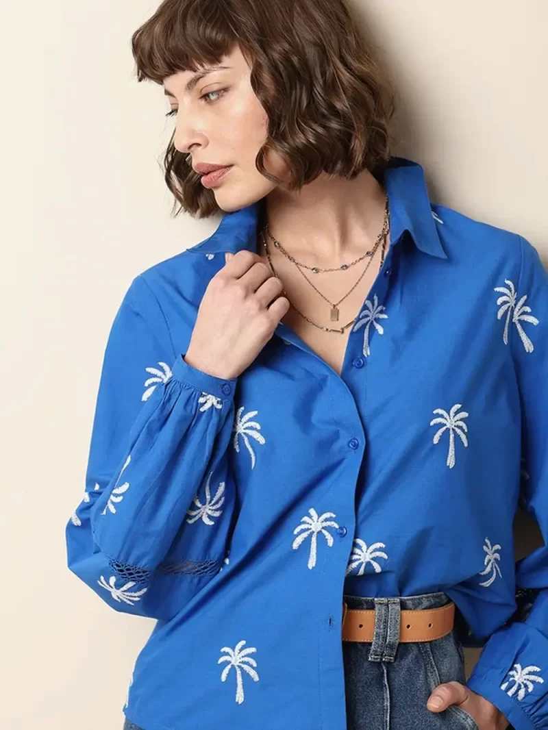 Blue Floral Embroidered Shirt