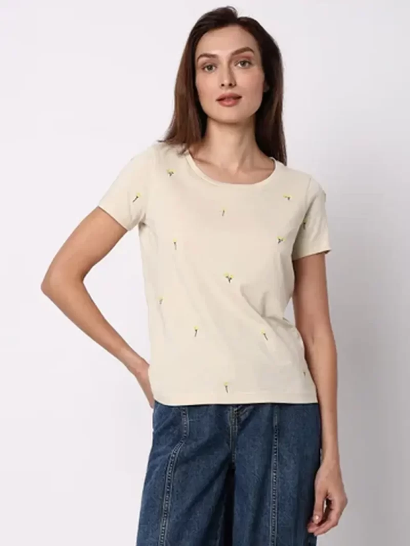 Beige Floral Embroidered T-Shirt