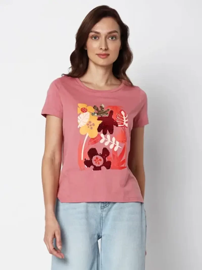 Pink Floral Sequin Detail T-Shirt