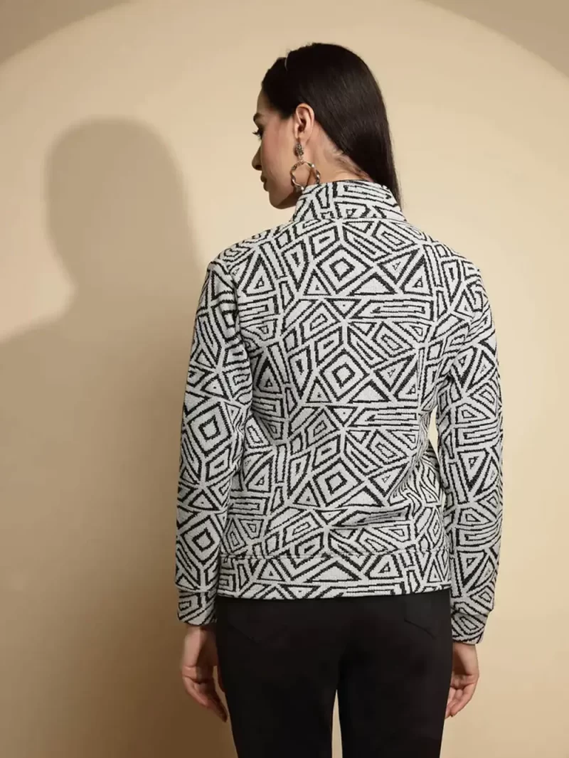Off White Geometric Print Full Sleeve Turtle Neck Acrylic Sweatshirt