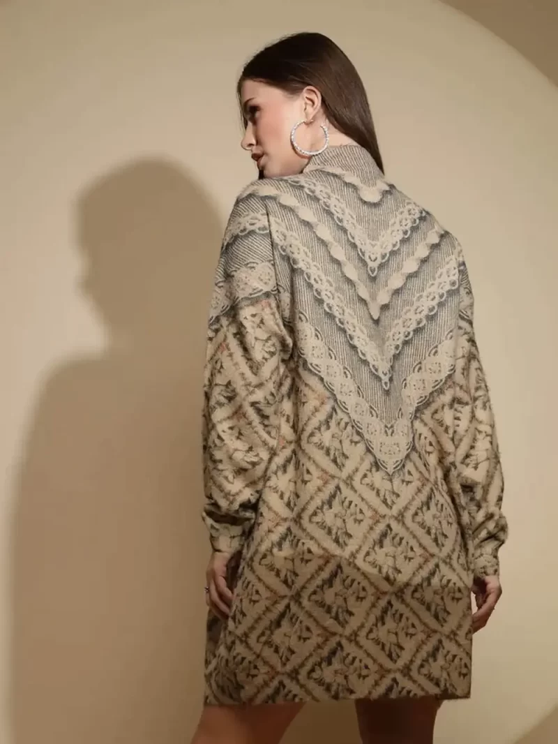 Beige Embellished Full Sleeve Turtle Neck Acrylic Pullover Sweater