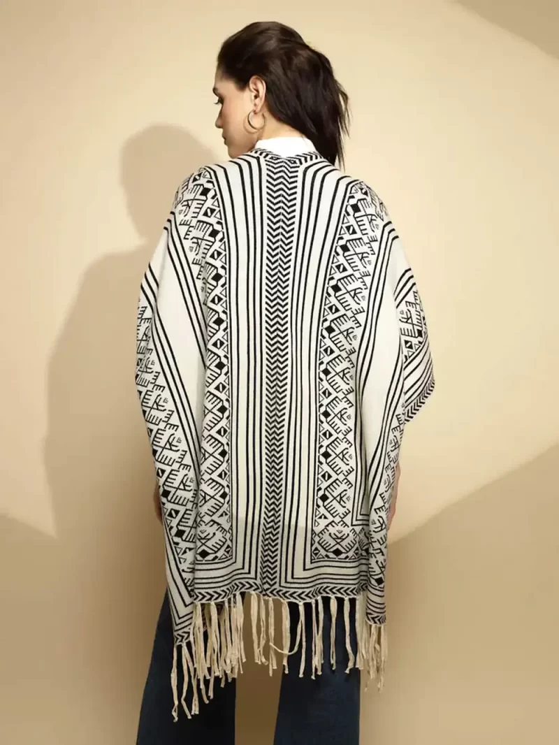 Off White Abstract Print Three Quarter Sleeve Open Neck Knitted Winter Shrug