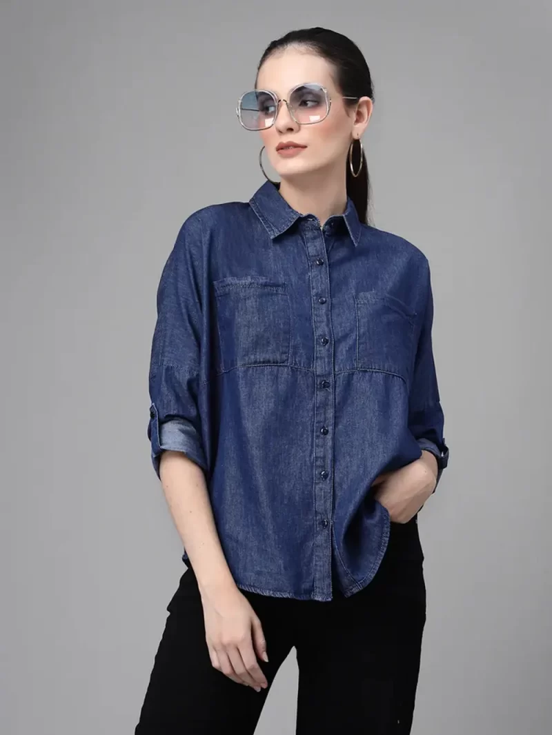 Women Blue Collar Neck Straight Fit Shirt