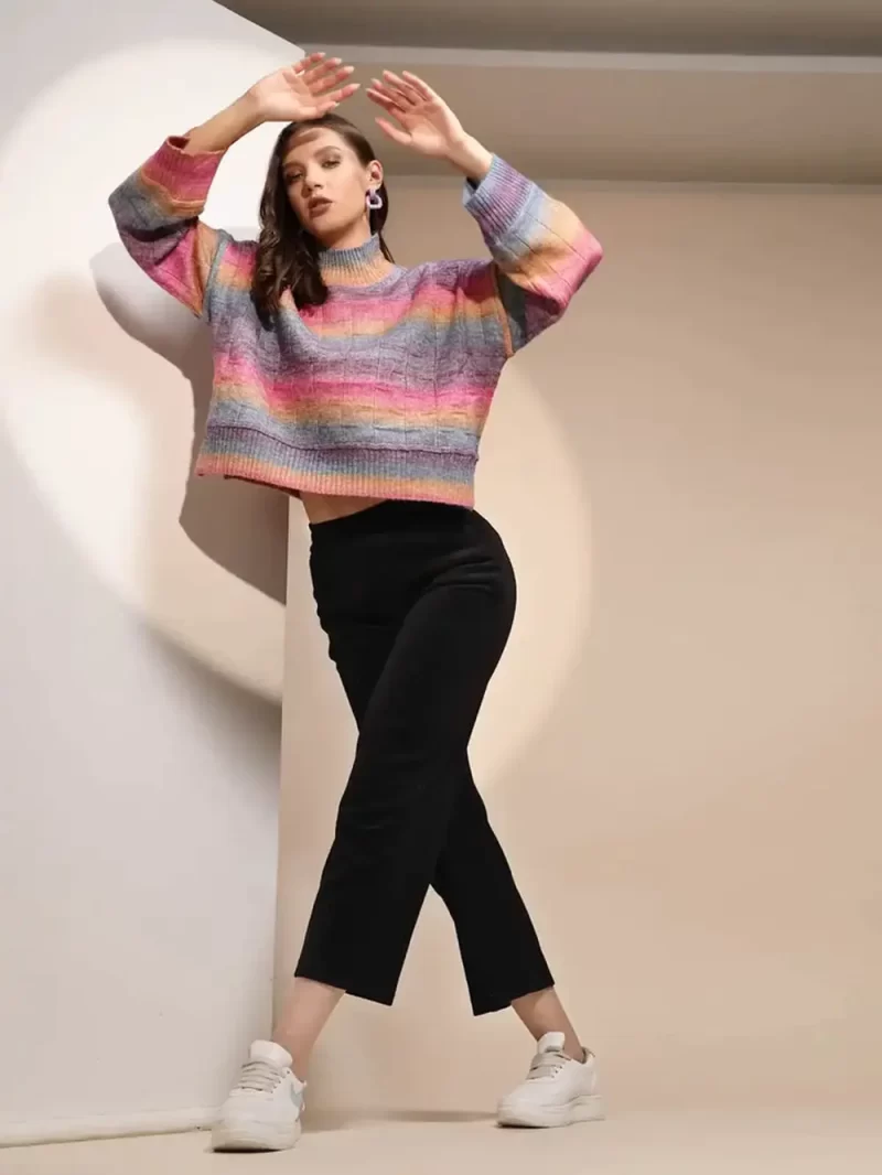 Multi Color High Neck Full Neck Knitted Pullover