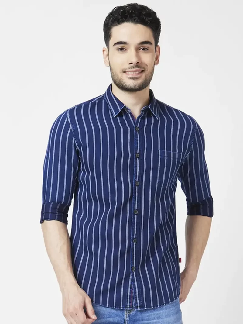 Spykar Men Indigo Blue Cotton Slim Fit Full Sleeve Striped Shirt