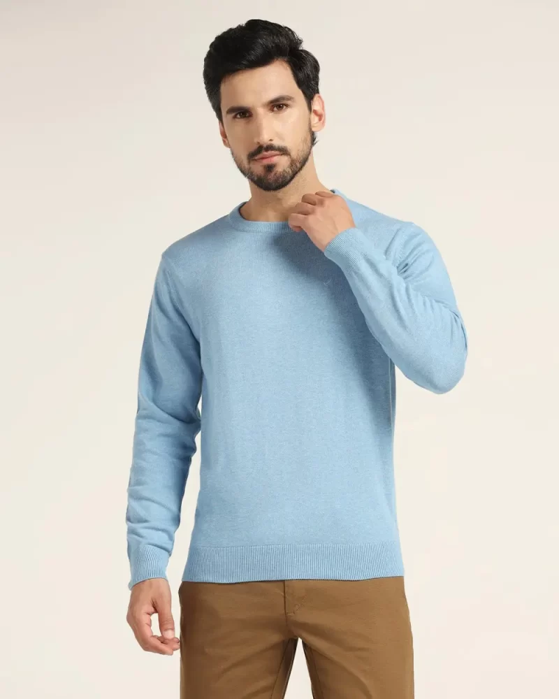 Crew Neck Blue Solid Sweater - Jolly