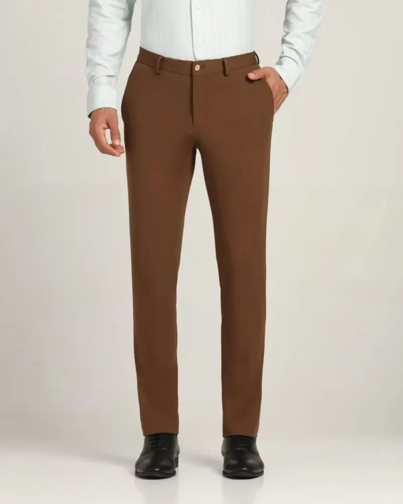 Slim Fit B-91 Formal Brown Solid Trouser - Yoke